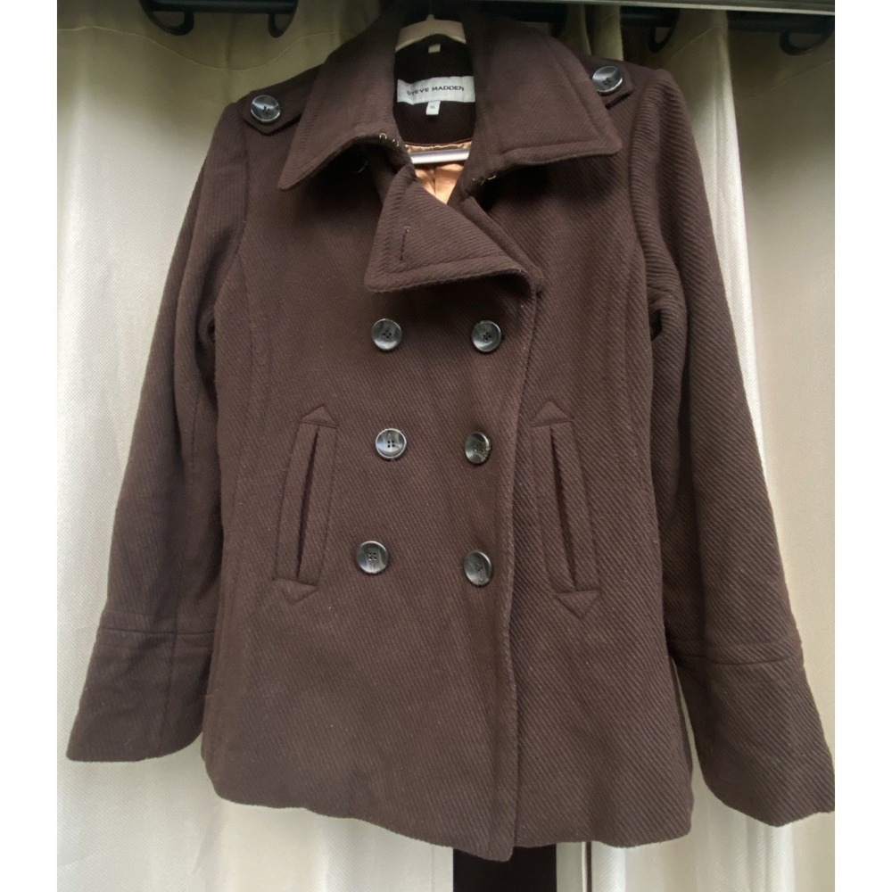 Steve Madden Wool Blend Coat Size XL Double Breasted Brown Hand Pockets‎